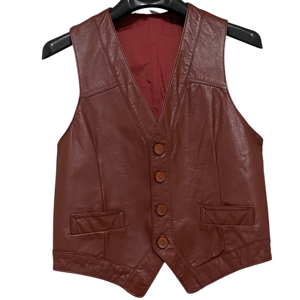 Vintage Red Brown Burgundy Leather Button V Neck Vest Medium